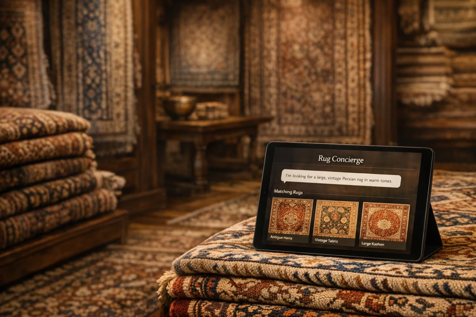 RugDesk recommendation experience shown on a tablet inside a rug showroom