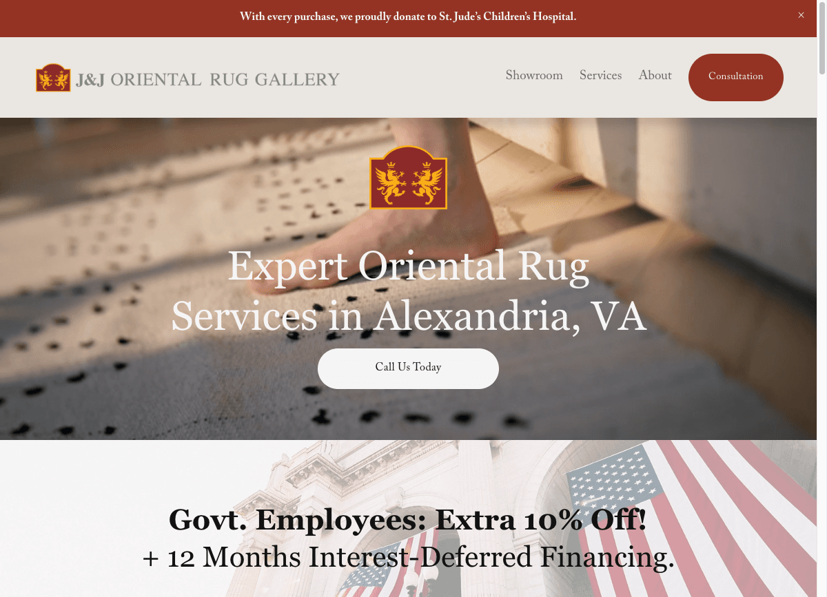 Customer-facing rug retailer storefront produced as part of the RugDesk business model